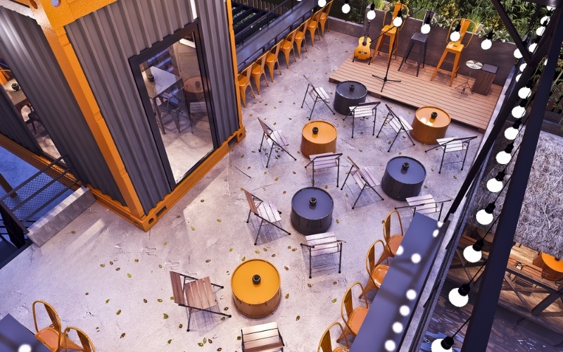 Không gian lung linh của quán cafe container