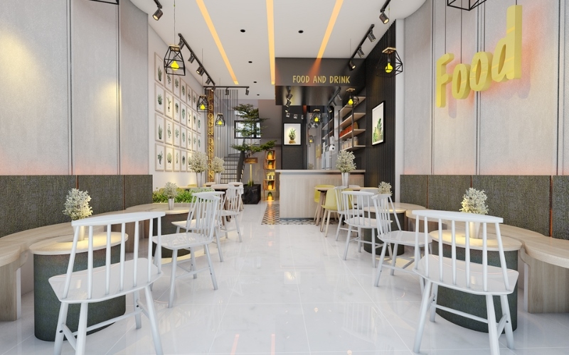 Thiết kế quán cafe mặt tiền 5m nên tận dụng chiều dài của mặt bằng