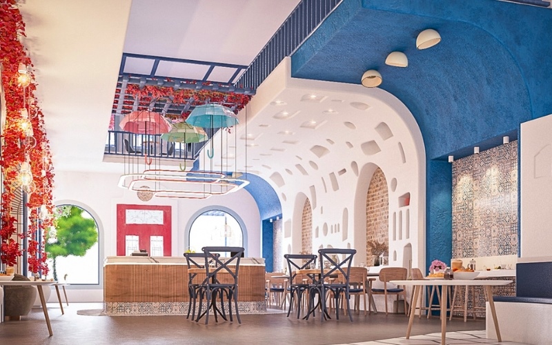 Mẫu quán cafe nhà ống phong cách Địa Trung Hải