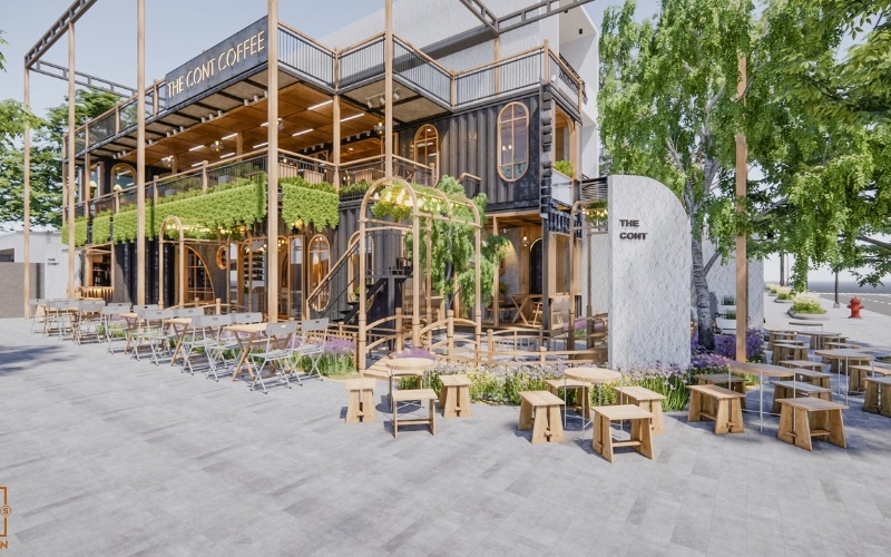 Có thể kết hợp thêm chất liệu gỗ cho mẫu quán cafe tiền chế kiểu này