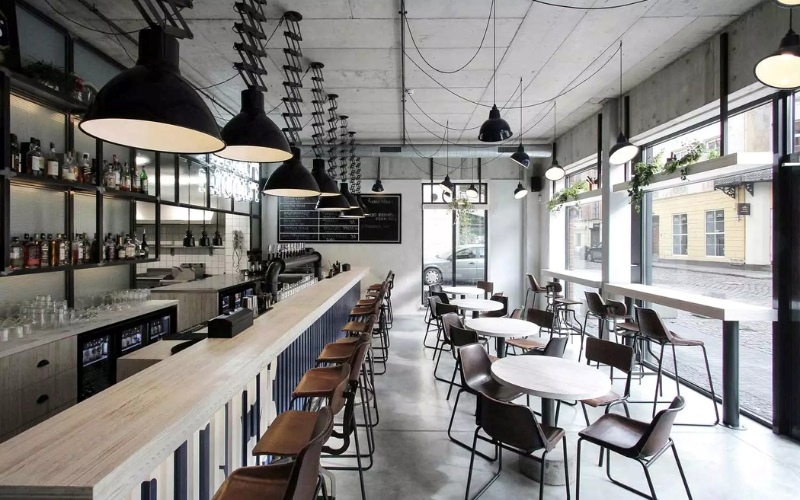 Phong cách thiết kế quán cafe công nghiệp chú trọng vào đường nét cứng cáp