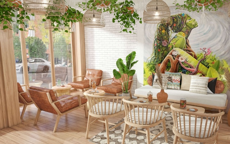 Tận dụng cây treo trần và tranh 3D chủ đề nhiệt đới cho quán cafe nhỏ