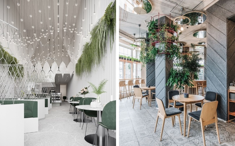 Cây xanh là yếu tố không thể thiếu trong không gian cafe hiện đại