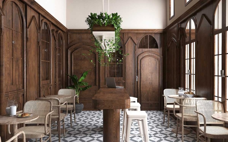 Bố trí nội thất cân bằng trong thiết kế quán cafe phong cách cổ điển