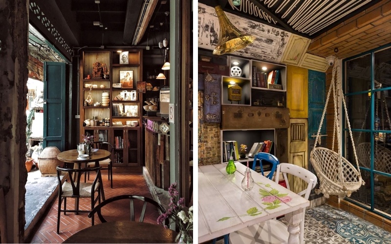 Mẫu quán cafe Vintage được ốp loại gạch hoa văn kiểu cũ