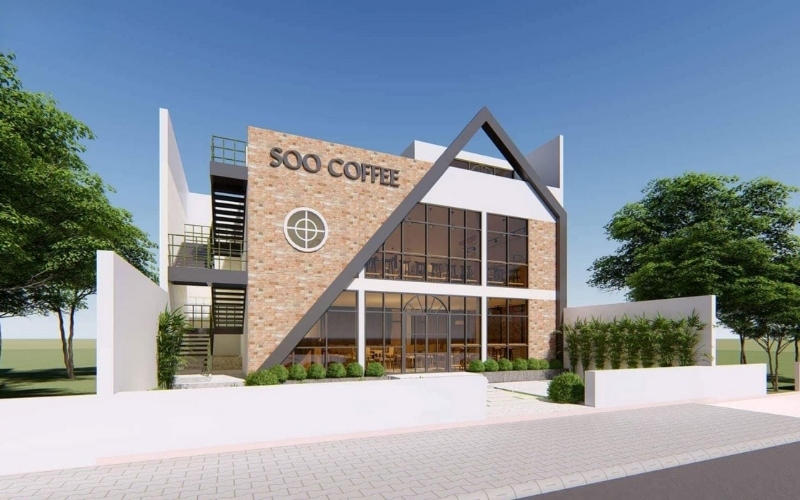 Khung thép tạo nên vẻ đẹp mạnh mẽ cho công trình quán cafe