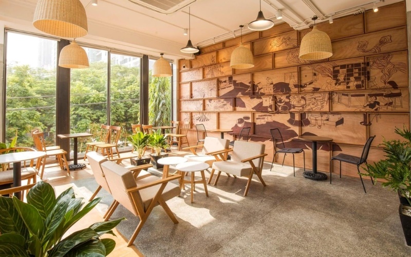Trang trí trần và tường quán cafe đơn giản