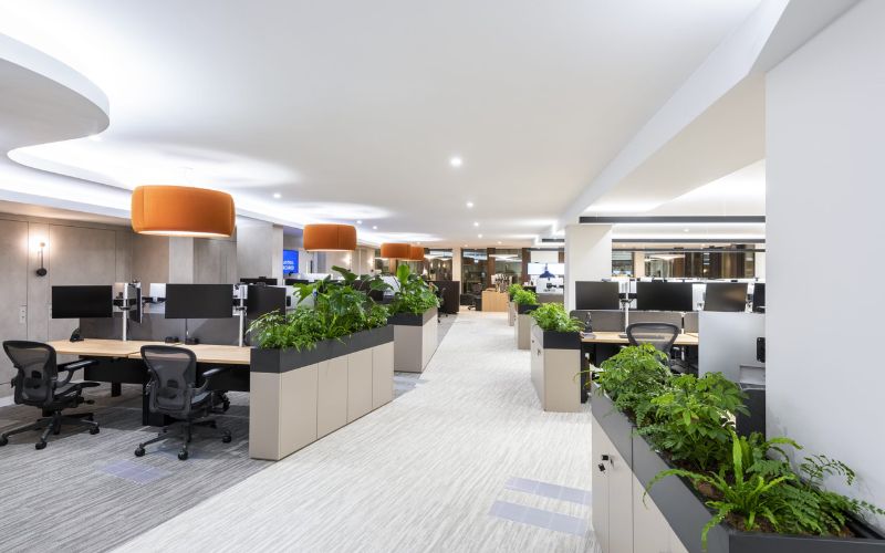 Thiết kế văn phòng 500m2 kiểu mở ngăn cách chỗ ngồi bằng bồn cây