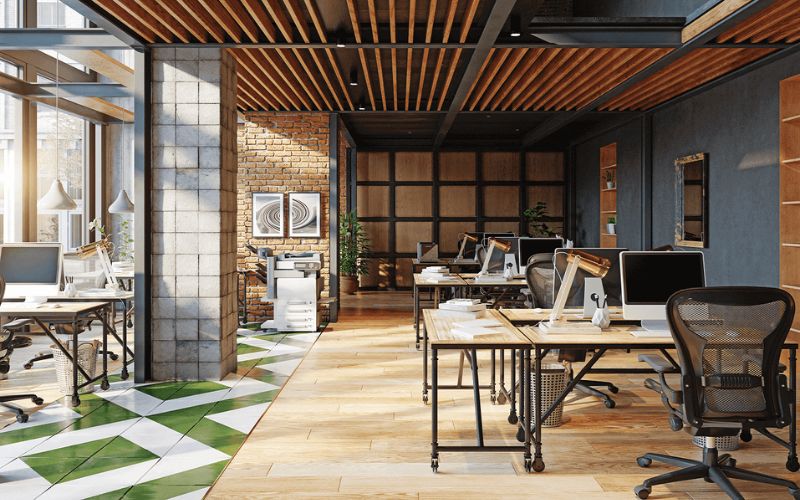 Văn phòng phong cách công nghiệp với nội thất gỗ công nghiệp cực tinh tế