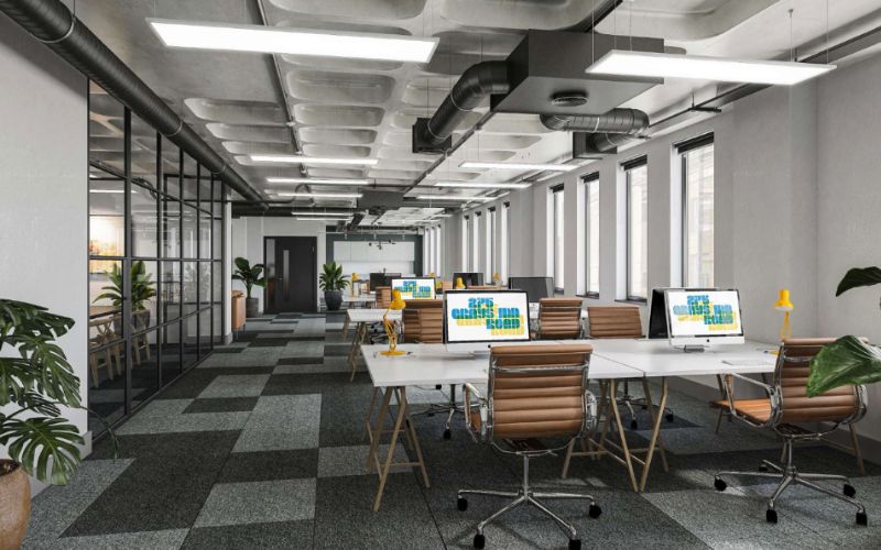 Văn phòng công nghiệp với kiểu ốp sàn màu xám cực ấn tượng