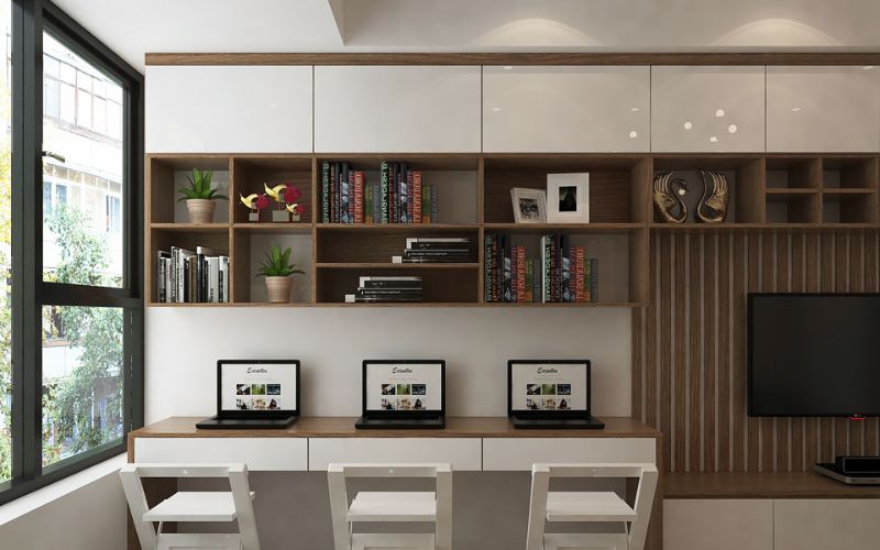 Mẫu văn phòng chung cư nội thất tinh giản giúp diện tích thông thoáng hơn