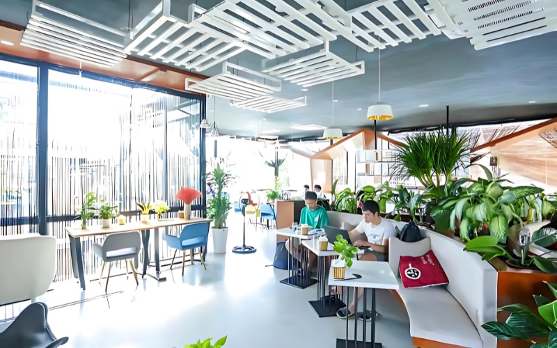 Không gian tràn ngập ánh sáng của quán cafe văn phòng
