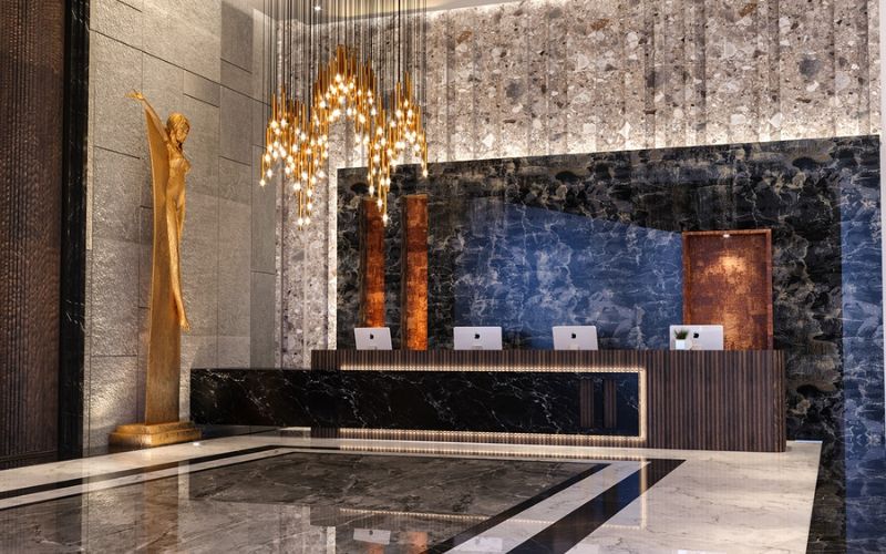 Thiết kế quầy lễ tân sang trọng dành cho văn phòng thương hiệu lớn, tạo ấn tượng mạnh ngay từ lần đầu ghé thăm