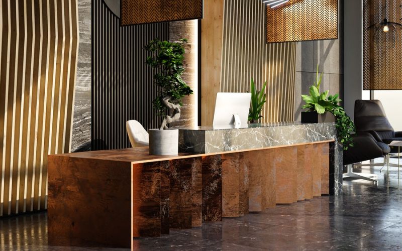 Quầy lễ tân phong cách tân cổ điển cao cấp giúp nâng tầm hình ảnh thương hiệu và tạo ấn tượng chuyên nghiệp với đối tác