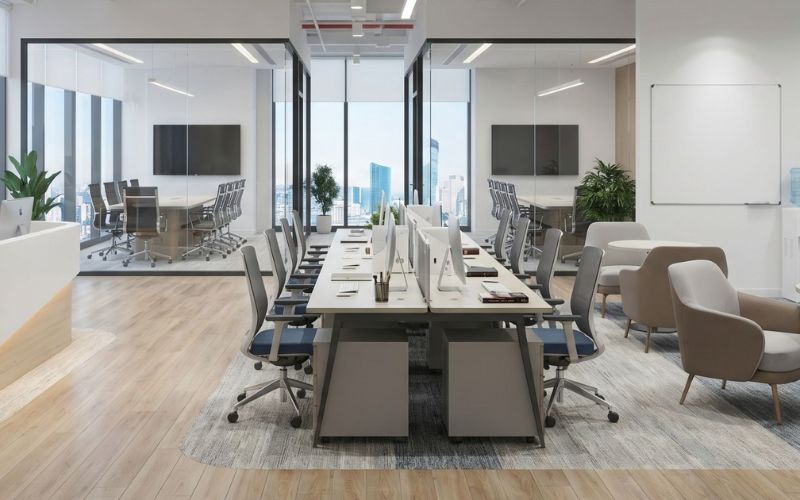 Không gian văn phòng 100m2 phân chia khu vực bằng vách kính tạo cảm giác liền mạch